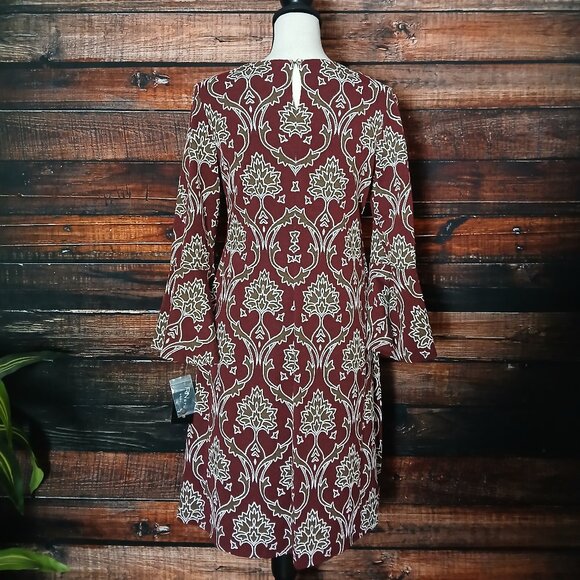 NWT RN Studio Ronni Nicole Dress Small Damask Print Bell Sleeve Keyhole Knit - Picture 4 of 14